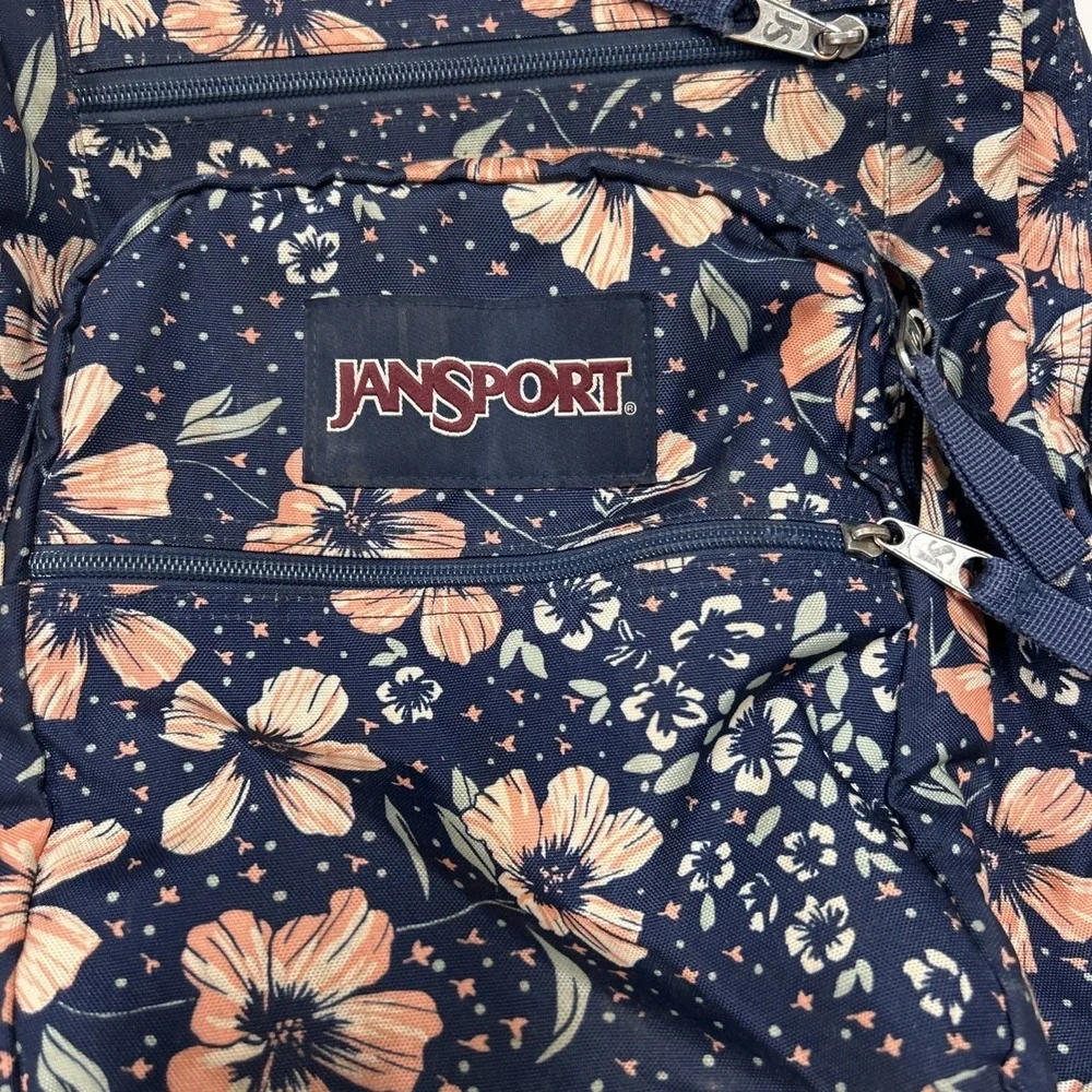 Jansport Navy & Pink Hibiscus Backpack Cross Town Student Bag Multiple Pockets